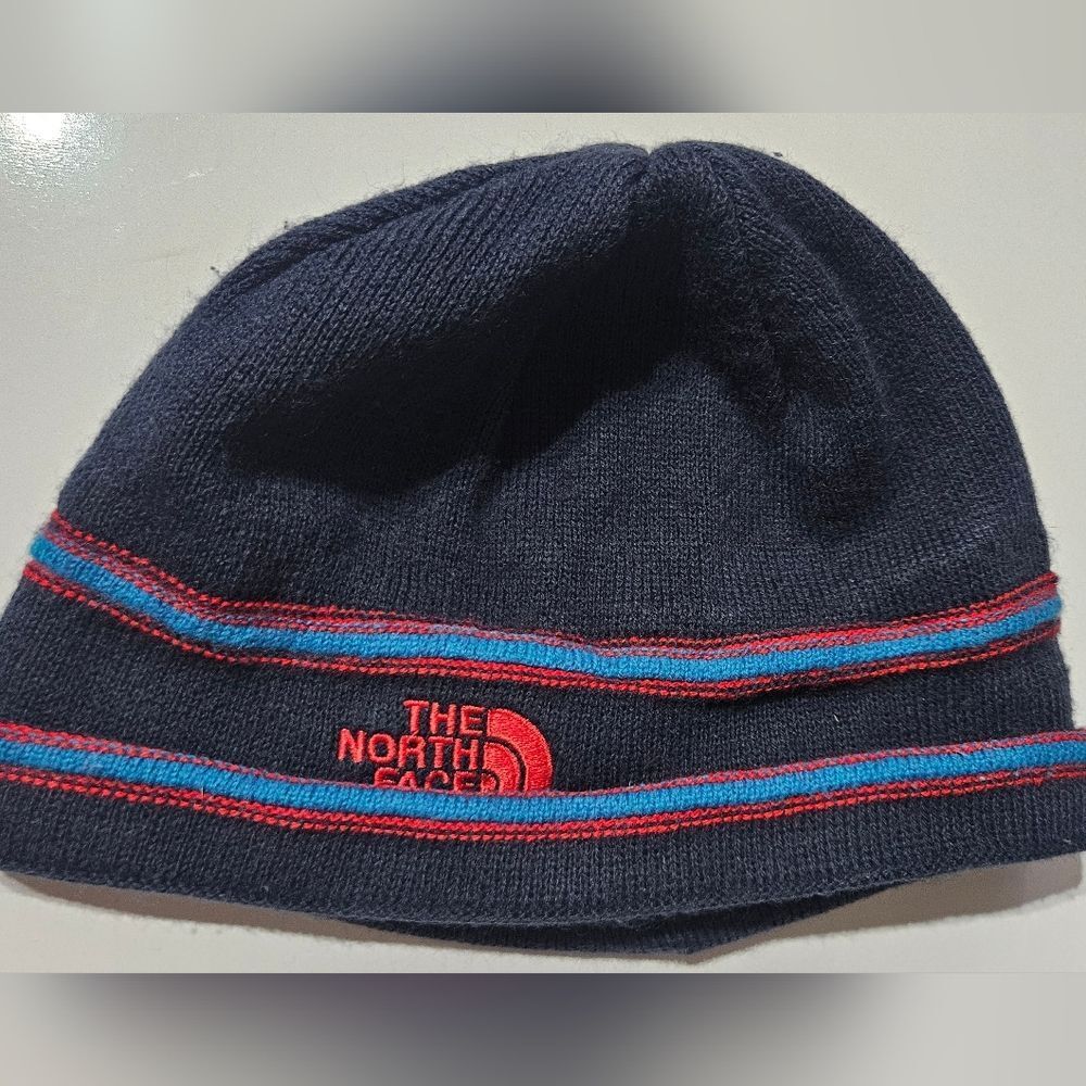 The North Face Navy Beanie with Red & Cyan Stripes